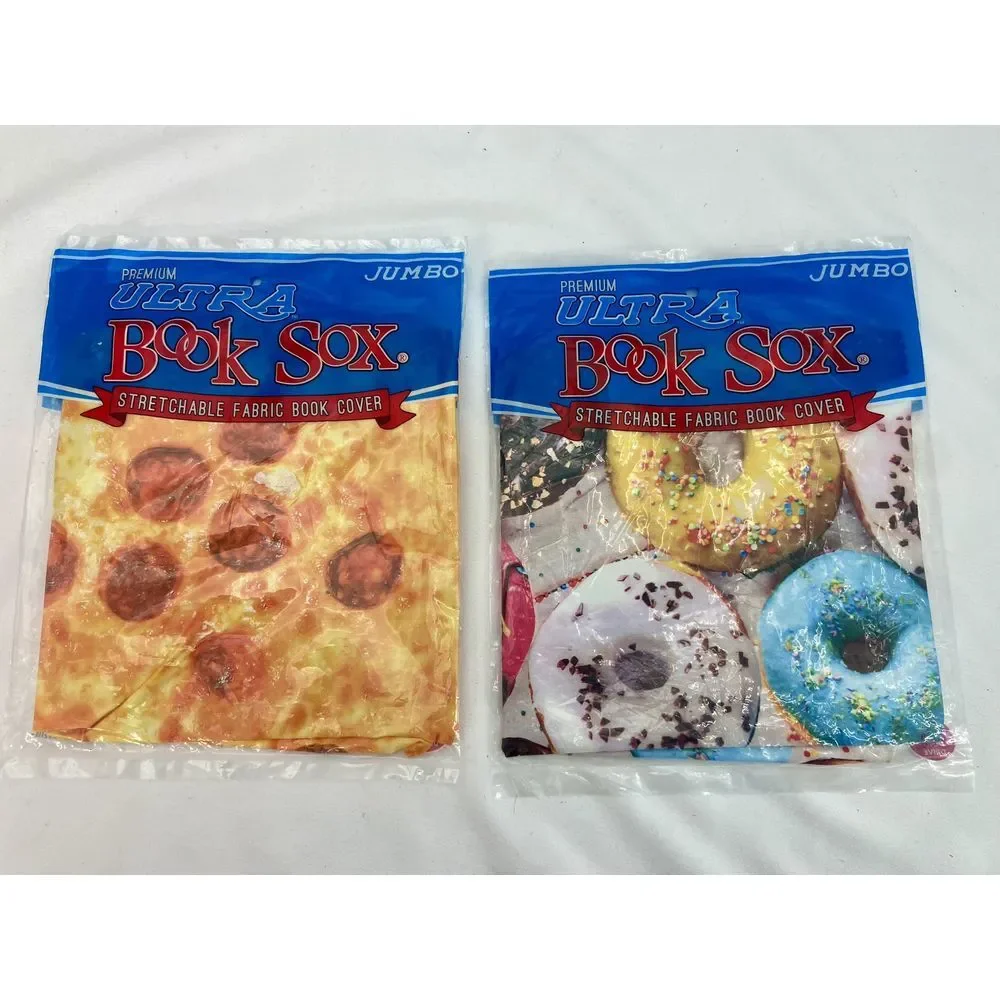 Lot of 2 Assorted Jumbo Book Sox Stretchable Fabric Book Covers Pizza Donuts VTG